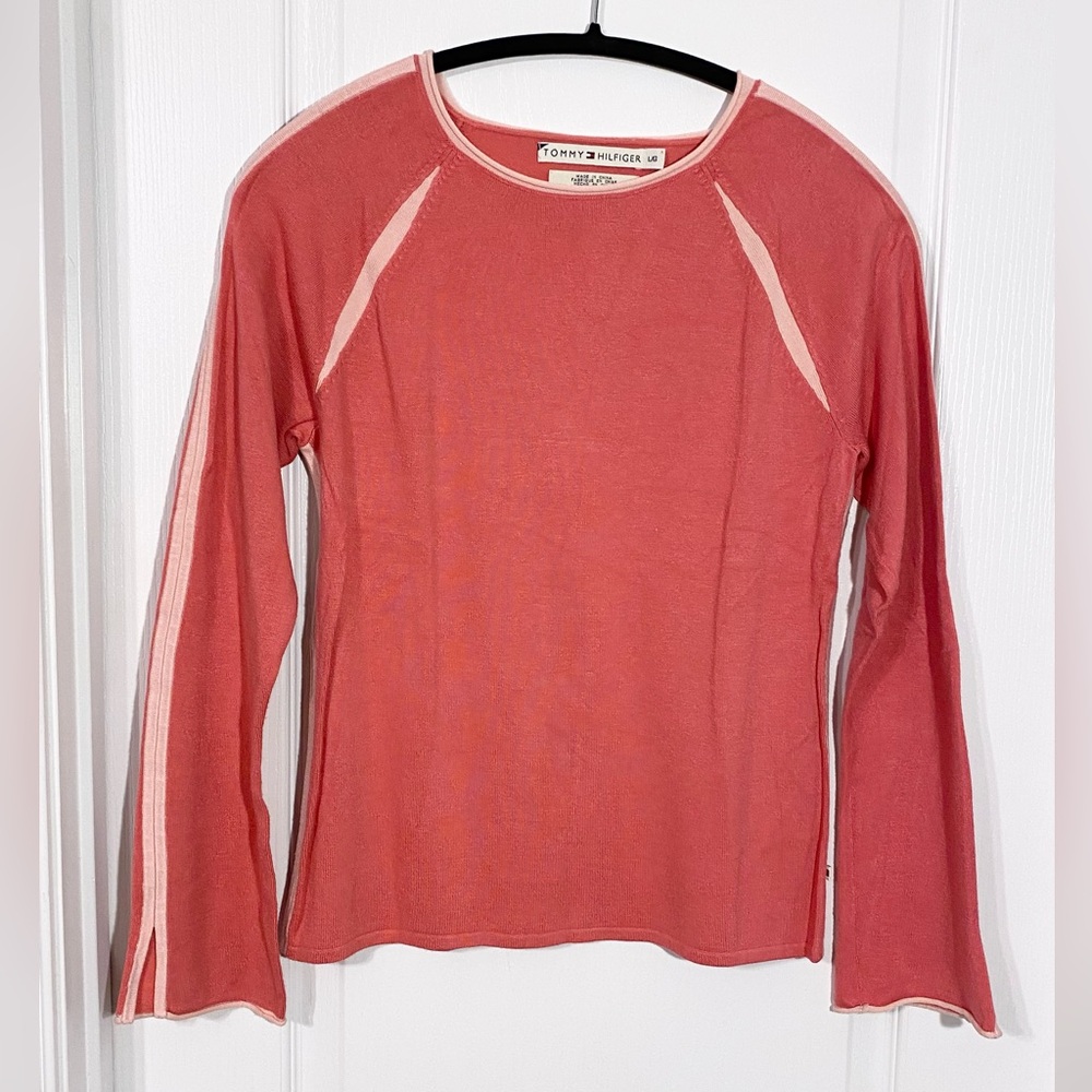 Y2K VTG Tommy Hilfiger Flare Sleeve Contrast Trim Raglan Knit Sweater Pink Large